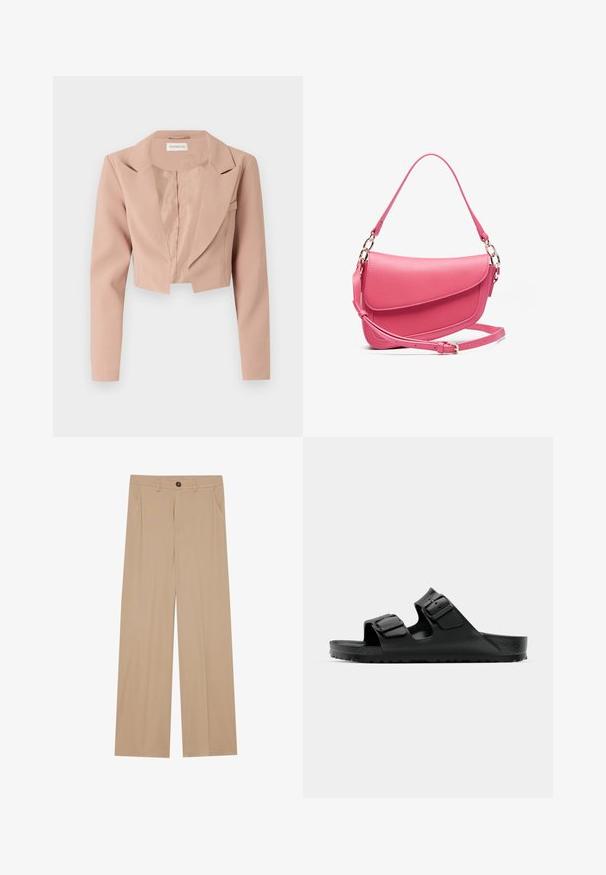 Afklippet blazer i lyserød, med slå-om-krave, lange ærmer og glat stof med et rent, udekoreret design.; Tre ærmeløse sweatere i creme, grå og sort. Hver har en ribbet halsudskæring og kant, lavet af blødt strikmateriale.; Beige brede bukser med en glat tekstur, der har to sidelommer, en frontlukning med knap og diskrete plisseringer for at tilføje detaljer.; Sorte gummisandaler med to justerbare stropper, tekstureret fodseng og en tyk, mønstret sål, med et minimalistisk design.; Rosa lædertaske med en struktureret form, der har en klaplukning, justerbar rem og hardware i guld-tone. Tekstureret overflade.