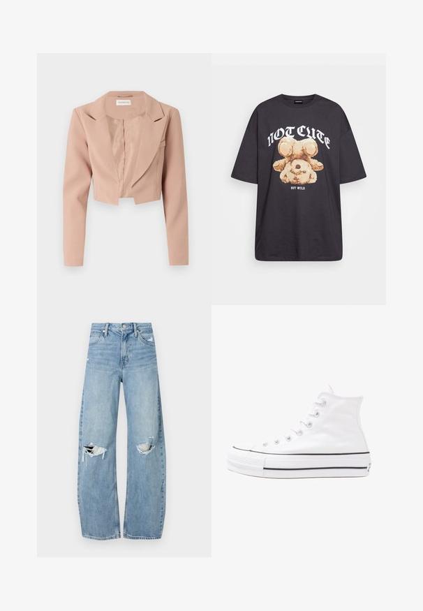 Blazer cropped en rose clair, avec un col en V, des manches longues, et un tissu lisse au design épuré et sans ornements.; T-shirt noir oversize avec un graphique d'un ours et le texte « PAS MIGNON MAIS SAUVAGE » en lettres blanches, en gras. Matériau en coton.; Jeans en denim bleu clair à taille haute. Présentent des jambes larges, deux zones déchirées aux genoux et un style classique à cinq poches.; Baskets montantes en toile blanche avec semelle en caoutchouc noir, capuchon en caoutchouc à l'avant, et six œillets pour les lacets, présentant un design épuré et minimaliste.