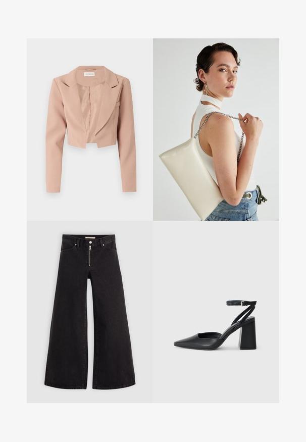 Cropped blazer in light pink, featuring a notch collar, long sleeves, and smooth fabric with a clean, unembellished design.; White sleeveless top with a round neckline. Made of smooth fabric, it features a relaxed fit and minimalist design. No patterns or accents.; Wide-leg jeans in black denim with a zippered front, five-pocket design, and subtle stitching details. Smooth texture and casual style.; Black leather pointy-toe pump with an ankle strap and a chunky heel. Flat texture, sleek design, and minimalistic aesthetics.; White rectangular clutch bag made of glossy material, featuring a silver chain strap. Model poses, showcasing the bag against a plain background.