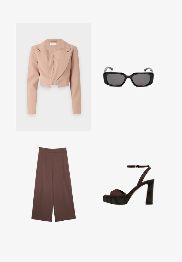 Afklippet blazer i lyserød, med slå-om-krave, lange ærmer og glat stof med et rent, udekoreret design.; Brun kortærmet t-shirt lavet af blødt stof, med rund halsudskæring og afslappet pasform. Ingen synlige mønstre eller detaljer.; Brune bredbunde bukser med en glat tekstur, der har høj talje og plisseringer foran. Stoffet er let og falder løst.; Brune ruskinds højhælede sandal med åben tå, justerbar ankelrem og en stribet plade sål.; Sorte rektangulære solbriller med mørke linser, glat plastikramme og buede stænger. Designet er klodset med en minimalistisk æstetik.