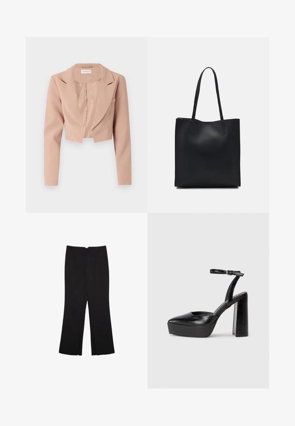 Krótkie żakiet w jasnoróżowym kolorze, z kołnierzykiem typu notch, długimi rękawami oraz gładkim materiałem o czystym, nieozdobionym wzorze.; Czarna koszulka z krótkim rękawem wykonana z bawełny. Posiada okrągły dekolt i luźny krój z gładką, jednolitą teksturą. Brak widocznych wzorów lub akcentów.; Czarne spodnie o prostym kroju, z przednimi kieszeniami i bocznymi rozcięciami na dole. Wykonane z miękkiego, gładkiego materiału. Odpowiednie na różne okazje.; Czarne platformy na wysokim obcasie z szpiczastym noskiem i regulowanym paskiem na kostkę. Wykonane z gładkiej skóry, z grubym słupkowym obcasem.; Czarna skórzana torba tote o gładkiej fakturze, prostokątnym kształcie i dwóch długich uchwytach. Brak widocznych elementów metalowych i ozdób.