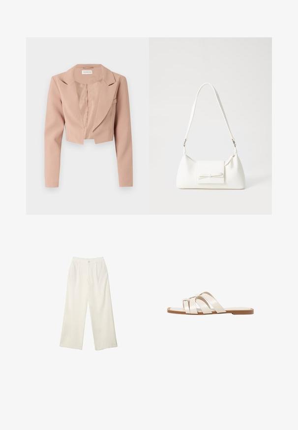 Skraćeni sako u svijetlo ružičastoj boji, s rever kragnom, dugim rukavima i glatkoga materijala s čistim, neukrašenim dizajnom.; Bijela majica kratkih rukava s okruglim izrezom, izrađena od mekanog pamuka, s jednostavnim, čistim dizajnom bez vidljivih uzoraka ili akcenta.; Hlače širokih nogavica od kremaste tkanine s glatkom teksturom, s jednim prednjim gumbom, suptilnim plitvicama i visokim strukom.; Ravne sandale s smeškom od gume, dizajnirane s tri preklapajuće bele kožne trake i malim detaljem mašne u sredini.; Bijela sintetička torbica s trokutastim oblikom, ravnim prednjim poklopcem i detaljem u obliku mašne, podesivom remenom, glatkom teksturom i minimalističkim dizajnom.