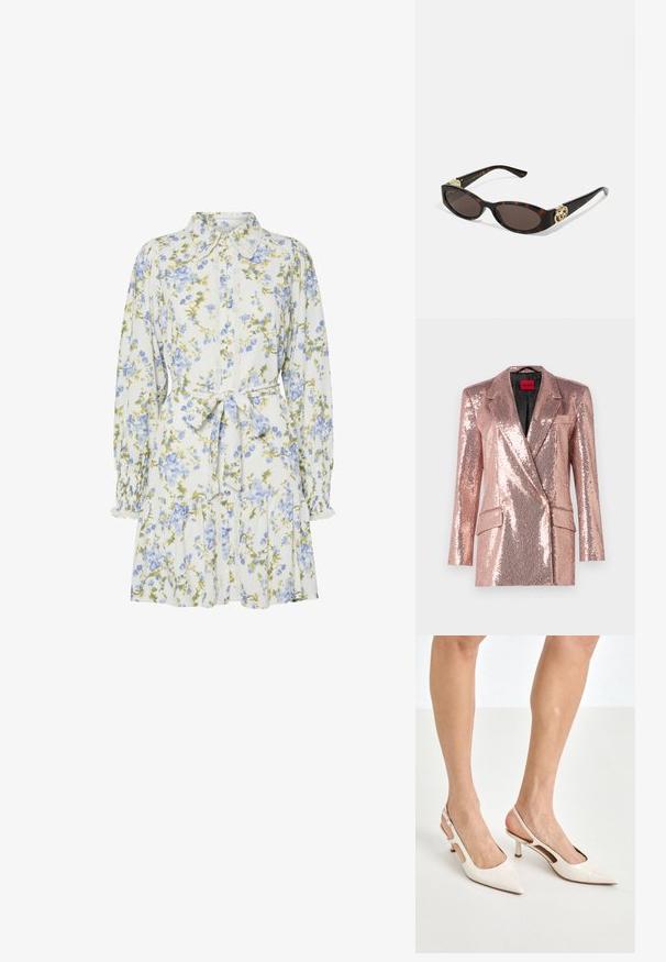 HUGO AKESI - Blejzr - light/pastel pink; Květinové šaty v bílé barvě s modrými a zelenými květinami, s límečkem, zapínáním na knoflíky, dlouhými rukávy se staženými manžetami a páskem v oblasti pasu.; Béžové lakované lodičky na podpatku s špičatou špičkou a 5 cm podpatkem, se vykrojenými boky a tenkým kotníkovým páskem.; Brýle sluneční s kočičím vzorem, prodloužené oválné čočky, hnědý odstín, zlaté logo na spáncích a elegantní černé nožičky.; Náhrdelník z perel a krystalů s kulatým, korálkovým designem v jemných odstínech, který obsahuje střídající se perly a třpytivé akcenty, nošený kolem krku.