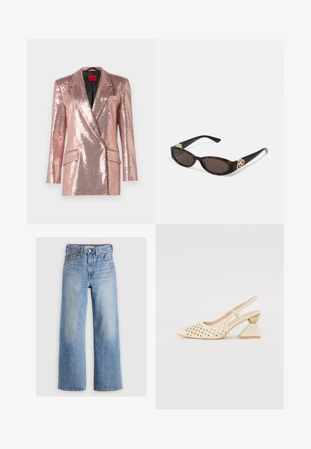HUGO AKESI - Blazer - light/pastel pink; Hofmann Copenhagen EXCLUSIVE GENEVIVE - Top - off white; Jeans in denim blu chiaro a gamba larga con vita alta, aree sbiadite, cinque tasche e cuciture a contrasto. Classico bottone e chiusura con zip.; Scarpa slingback beige con tomaia perforata, punta affilata e un tacco triangolare a contrasto con un accento dorato. Texture liscia nel complesso.; Occhiali da sole tartarugati con lenti ovali allungate, tonalità marrone, accenti dorati con logo sulle tempie e aste nere eleganti.; Borsa a mano floreale bianca con superficie in tessuto arricciato, tracolla in catena dorata e chiusura in metallo. Presenta petali testurizzati per un tocco di dettaglio in più.