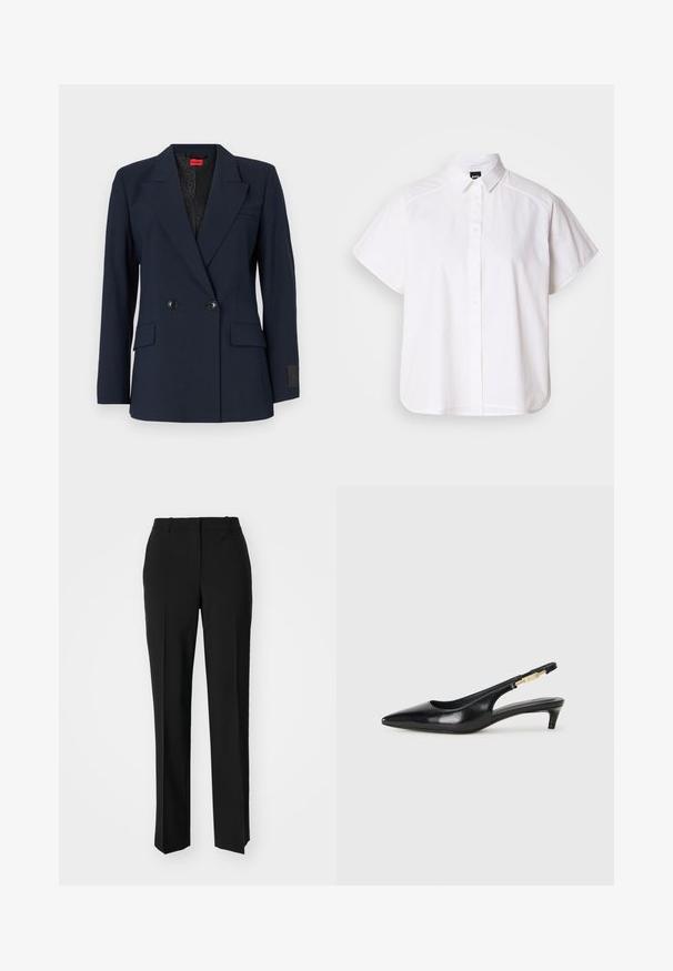 Navy blue double-breasted blazer with notched lapels, two front pockets, and black buttons. Features a patterned interior lining.; White short-sleeve button-up shirt with a pointed collar and curved hem. Made from cotton with a smooth texture and no visible patterns.; Black tailored trousers with a straight-leg design, featuring a smooth texture and crisp creases along the front. No visible hardware.; Black leather slingback heels with a pointed toe, featuring a slim heel and a gold-tone accent on the adjustable strap. Smooth texture.