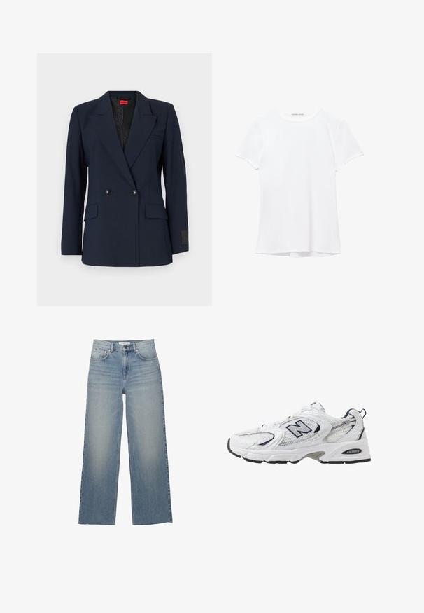 Blazer doppiopetto blu navy con revers a vista, due tasche frontali e bottoni neri. Presenta una fodera interna a fantasia.; T-shirt bianco a maniche corte realizzato in tessuto liscio, caratterizzato da un colletto rotondo e dettagli di cucitura discreti all'orlo.; Jeans a gamba larga di un azzurro chiaro, realizzati in denim, con vita alta, tasche frontali e chiusura con bottone. Texture liscia con zone sbiadite.; Scarpa sportiva bianca con tomaia in mesh, dettagli in blu marino e suola imbottita. Presenta il logo "N", lacci e dettaglio texturizzato sul lato.