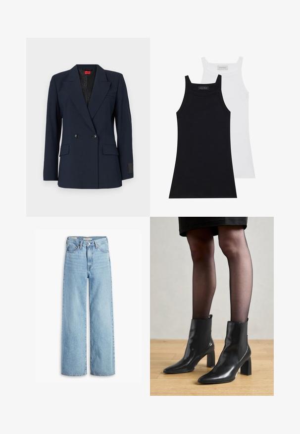 Tumesinise sinine kahekordne bleiser, millel on sisenurgaga kraed, kaks eesmist taskut ja mustad nupud. Omab mustrilist sisevoodrit.; Kaks ilma varrukat tippi mustas ja valges. Valmistatud pehmest, venivast kangast, millel on ribakujundus ja tihe disain. Omab kitsaid rihmasid.; Kõrge vöökohaga helesinised laiad püksid, millel on ees nupud ja lukud, vööd ja viie tasku stiil.; Mustad mustad jalanõud terava ninaga, paksu ruudukujulise kontsaga ja saleda disainiga. Omavad elastseid külgpaneele mugavaks selga tõmbamiseks.