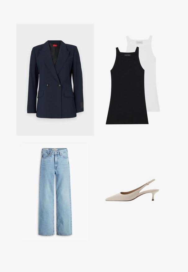 Granatowa marynarka dwurzędowa z klapami, dwoma przednimi kieszeniami i czarnymi guzikami. Posiada wzorzystą podszewkę wewnętrzną.; Dwie bezrękawniki w kolorze czarnym i białym. Wykonane z miękkiego, elastycznego materiału o prążkowanej fakturze i dopasowanym kroju. Posiadają cienkie ramiączka.; Jeansy o wysokim stanie, jasnoniebieskie, szerokie nogawki, z przednim guzikiem i zamkiem błyskawicznym, pętelkami na pasek oraz pięcioma kieszeniami.; Beżowe szpilki slingback z zakończeniem w szpic i niskim, rozkloszowanym obcasem. Wykonane z gładkiej skóry, o minimalistycznym wzornictwie i regulowanym pasku.