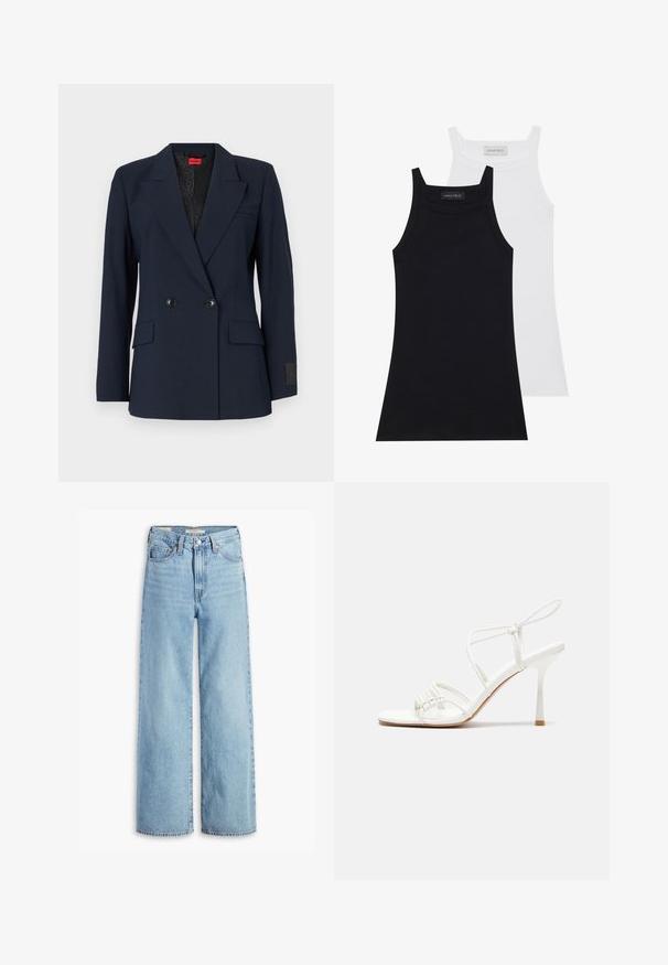 Námorně modrý dvouřadý blejzr s klopami, dvěma předními kapsami a černými knoflíky. Obsahuje vzorovanou podšívku.; Dvě bezrukávové topy v černé a bílé barvě. Vyrobené z měkké, pružné látky s jemným texturováním a přiléhavým střihem. Mají úzká ramínka.; Světle modré volné džíny s vysokým pasem, předním knoflíkem a zipem, poutky na opasek a designem s pěti kapsami.; Bílé sandály na vysokém podpatku s tenkým páskem kolem kotníku, plochou špičkou, texturovaným předním dílem s nařasenými detaily.