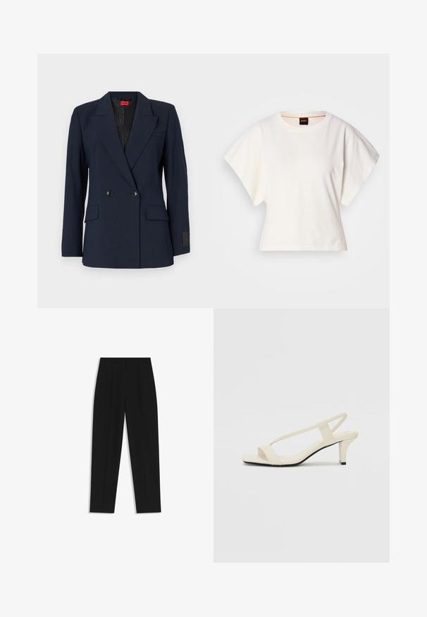 Marineblaues, doppelt geknöpftes Sakko mit Reverskragen, zwei Fronttaschen und schwarzen Knöpfen. Verfügt über ein gemustertes Innenfutter.; Weißes, kurzes T-Shirt, kurze weite Ärmel, weicher Baumwollstoff, runder Ausschnitt mit subtilen orangefarbenen Akzenten, minimales Design, keine Muster oder Grafiken.; Schwarze Hose mit geradem Schnitt, doppelten Falten, einer glatten Textur und einem klassischen Bunddesign. Keine sichtbaren Beschläge oder Akzente.; Beige Blockabsatzsandalen mit dünnen Riemen und quadrater Spitze. Glattes Material mit minimalem Design, entworfen für einfaches Tragen.