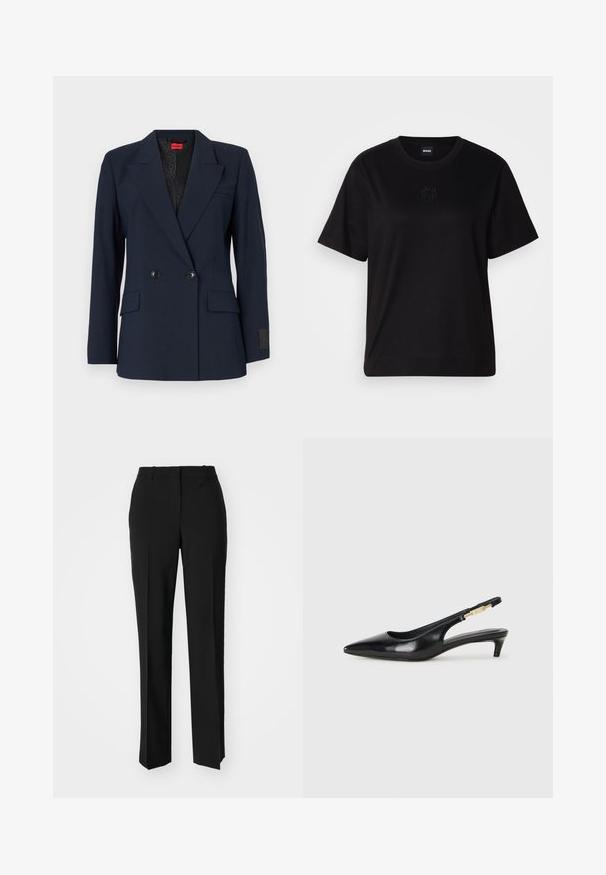 Blazer bleu marine à double boutonnage avec revers crantés, deux poches avant et boutons noirs. Présente une doublure intérieure à motif.; T-shirt en coton noir avec un col rond, des manches courtes et un logo brodé sur la poitrine. Coupe simple et décontractée sans motifs.; Pantalon noir ajusté avec une coupe droite, présentant une texture lisse et des plis nets sur le devant. Aucune quincaillerie visible.; Talons hauts en cuir noir avec un bout pointu, dotés d'un talon fin et d'un accent en ton or sur la lanière réglable. Texture lisse.