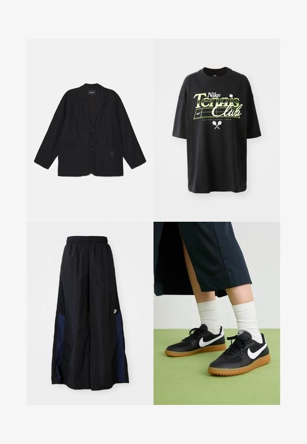 Zwarte jas met een kraag, twee voorzakken en een enkele knoopsluiting. Gemaakt van lichtgewicht stof met een ontspannen pasvorm.; Zwarte katoenen t-shirt met korte mouwen, voorzien van groene en witte "Nike Tennis Club" graphic, illustraties van een tennisbal en racket.; Zwarte wijdlopende broek van lichtgewicht stof, met een marineblauwe zijpaneel en een elastische tailleband. Klein wit logo onderaan.; Zwarte leren en synthetische sneakers met witte Nike swoosh, rubberen gumzool, ronde neus en zwarte veters. Geribbelde witte sokken zichtbaar.
