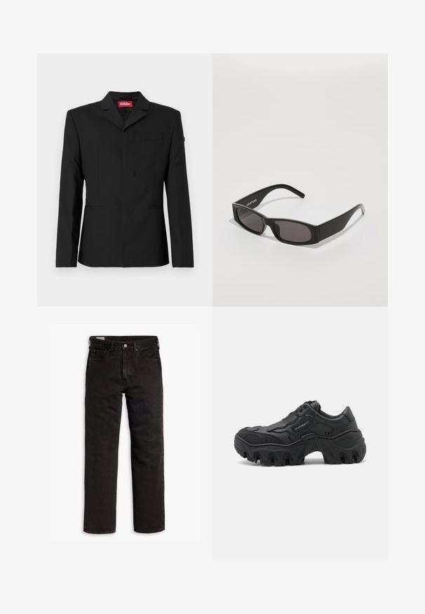 Czarny żakiet wykonany z gładkiego materiału, z klapami w kształcie litery V, zapinany na jeden guzik, z kieszenią na piersi oraz kieszeniami po bokach. Czerwona metka marki wewnątrz.; Czarne bawełniane bluzy, z okrągłym dekoltem, długimi rękawami oraz ściągaczami na mankietach i dolnych krawędziach, prezentowane w ułożeniu w stos.; Czarne dżinsy proste z pięcioma kieszeniami, zapięciem na guzik i paskiem, rozłożone na białym tle.; Czarne, masywne sneakersy z grubą podeszwą z wypustkami, teksturowanymi bocznymi nakładkami, sznurowanym przodem oraz nazwą marki "ROMBAUT" na bocznej ściance.; Czarne prostokątne okulary przeciwsłoneczne z ciemnymi soczewkami, gładką plastikową oprawką oraz subtelnym logo na lewej oprawce. Minimalistyczny design.