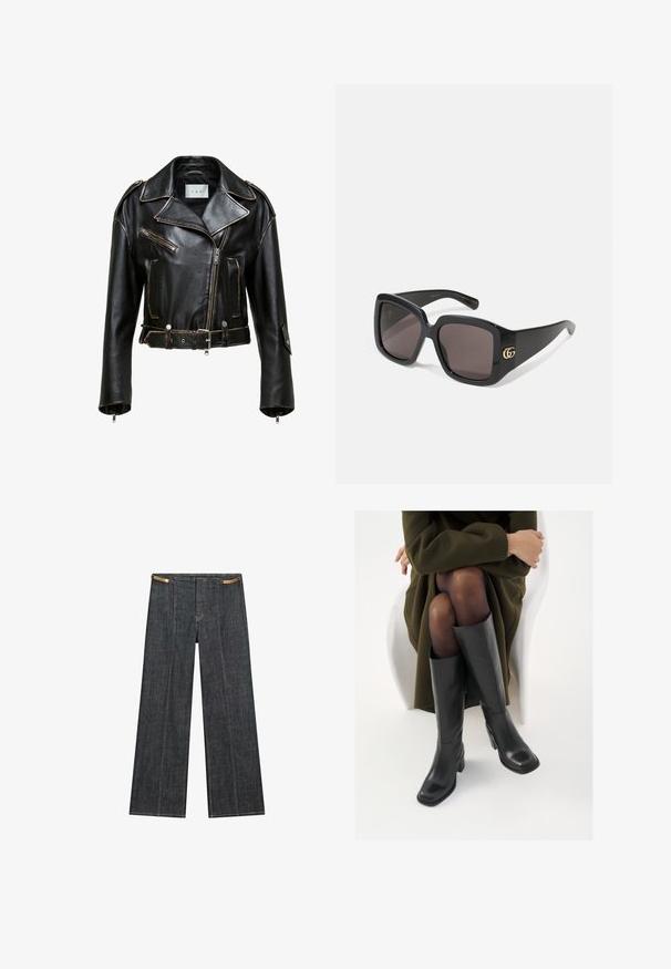 Sort læder motorcykeljakke med cropped design, kontrasterende syninger, lynlåslommer og bælte i taljen. Har brede klapper og sølvfarvede hardware detaljer.; Massimo Dutti FLOWING DOUBLE FABRIC GARMENT - Top - white; Mørk vask denim bredbensbukser med høj talje. Har synlig syning, knaplukning og en unik kædeaccent i taljen.; Knæhøje sorte læder støvler med firkantet tå og blokhæl, vist med en model siddende i en olivengrøn frakke. Glat tekstur, minimal detaljer.; Storede solbriller i sort med mørke linser, glansfuld plastikramme, rundet firkantet form og guld interlåste GG-logo på siden.