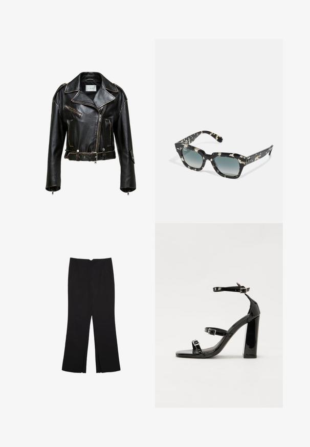 Schwarze Leder-Cropped-Motorradjacke mit kontrastierenden Nähten, Reißverschlusstaschen und tailliertem Schnitt. Merkmale sind breite Revers und silberne Hardware-Akzente.; Einfaches schwarzes T-Shirt aus Baumwolle mit kurzen Ärmeln und Rundhalsausschnitt, auf einem weißen Hintergrund dargestellt.; Schwarze Hose mit geradem Schnitt, ausgestattet mit Fronttaschen und Seitenschlitzen am Saum. Hergestellt aus weichem, glattem Stoff. Geeignet für verschiedene Anlässe.; Schwarze patentierte Sandalen mit Absatz, quadratischer Spitze, Knöchelriemen und silbernen Schnallen. Mit einem stabilen Blockabsatz für mehr Stabilität.; Schwarz-weiße, gemusterte Sonnenbrille mit dickem Rahmen, quadratischer Form und verlaufend getönten Gläsern. Ray-Ban-Logo an der Seite.