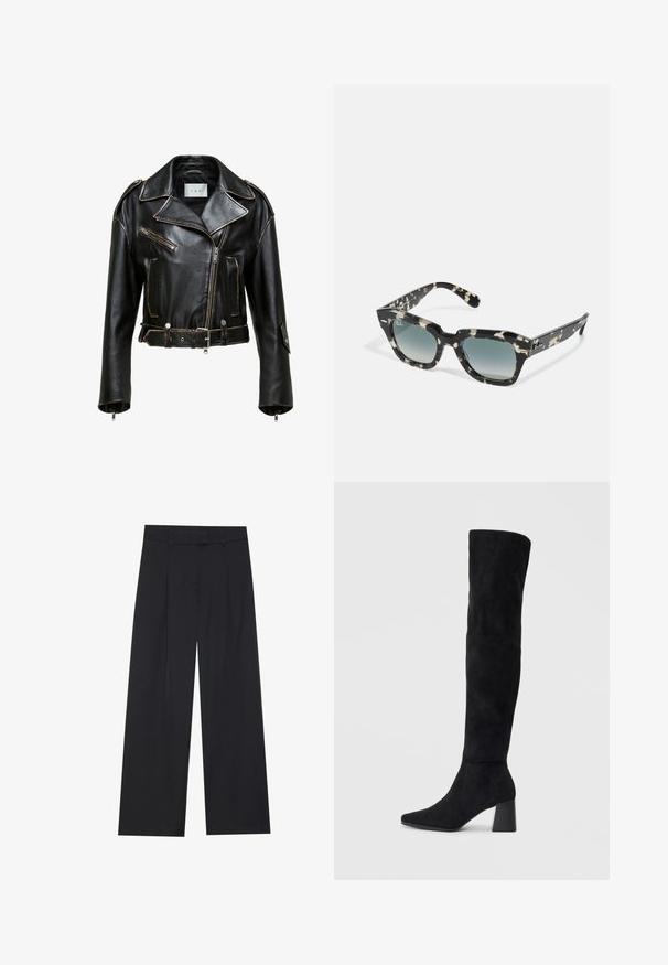 Fekete bőr, rövidített motoros dzseki kontrasztos varrással, cipzáras zsebekkel és övvel. Széles hajtókákkal és ezüst színű fém kiegészítőkkel rendelkezik.; Fekete, hosszú ujjú felső, harang alakú mandzsettákkal, puha textúrával és laza szabással, egyszerű, kerek nyakkivágással.; Fekete, széles lábú nadrág sima textúrával, két elülső redővel, derékpánttal, és látható fém alkatrészek vagy zsebek nélkül.; Fekete nubuk térd fölé érő csizma, tömbsarokkal, hegyes orral és sima, varrat nélküli dizájnnal, világos háttérrel.; Fekete és krémszínű mintás napszemüveg vastag kerettel, négyzet alakban és áttetsző tónusú lencsékkel. Ray-Ban logó az oldalán.; Fekete bőr bevásárlótáska két hosszú fogantyúval, sima felülettel és strukturált formával. Elülső zseb található rajta a plusz tárolás érdekében.