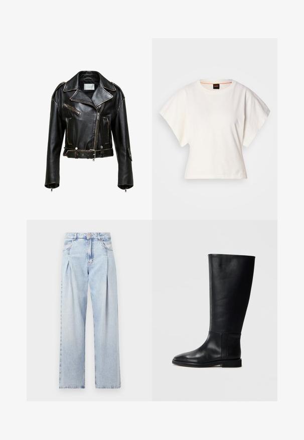 Sort læder motorcykeljakke med cropped design, kontrasterende syninger, lynlåslommer og bælte i taljen. Har brede klapper og sølvfarvede hardware detaljer.; Hvid cropped T-shirt, korte brede ærmer, blødt bomuldsstof, rund halsudskæring med diskret orange kant, minimalistisk design uden mønstre eller grafik.; Lyseblå denim jeans med høj talje, bred benåbning, to sidelommer og plisseret design. Blød tekstur med et falmet finish.; Sorte læderknæhigh støvler med rund tå, glat tekstur, minimalistisk design og flad sål. Enkle sømdetaljer på skaftet.