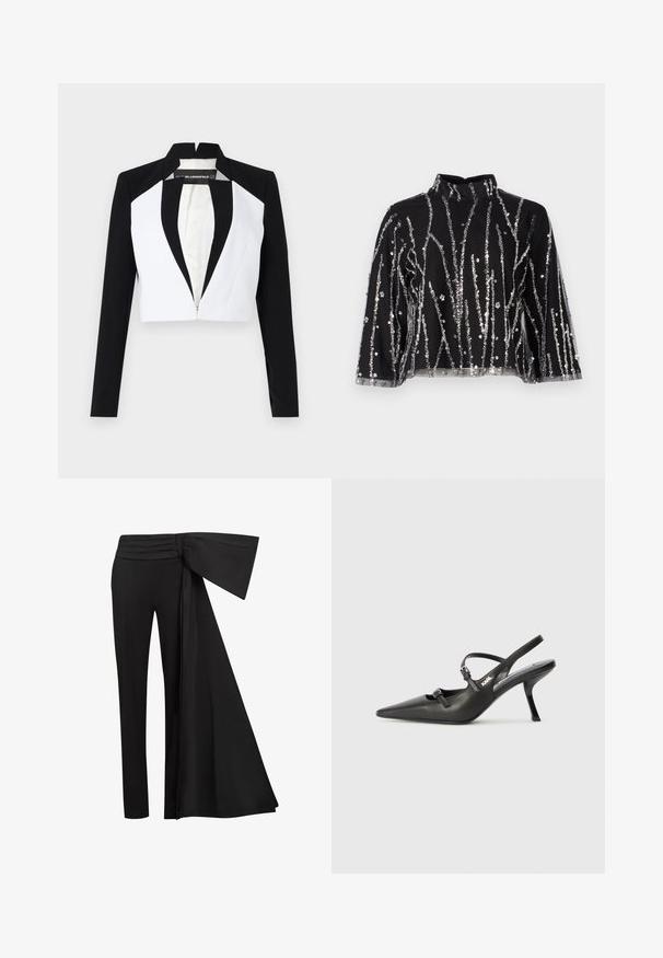 Lühendatud bleiser mustade ja valgete paneelidega, pikkade varrukatega ja lukuga esisteljel. Omab sälguga kraed ja sujuvat kangastekstuuri.; Mustmust lõhikuga must topp kõrgema kaelusega, millel on hõbedased säbrulised vertikaalsed read, läbipaistvad varrukad ja tekstureeritud kangas.; Mustad püksid laia, rippuva paela detailiga taljes. Sile kangas, sirge sääre lõige ja volditud talje.; Must musta slingback kontsad, terava nina, peenike konts ja dekoratiivne pandla detail peal. Sile tekstuur ja stiilne disain.