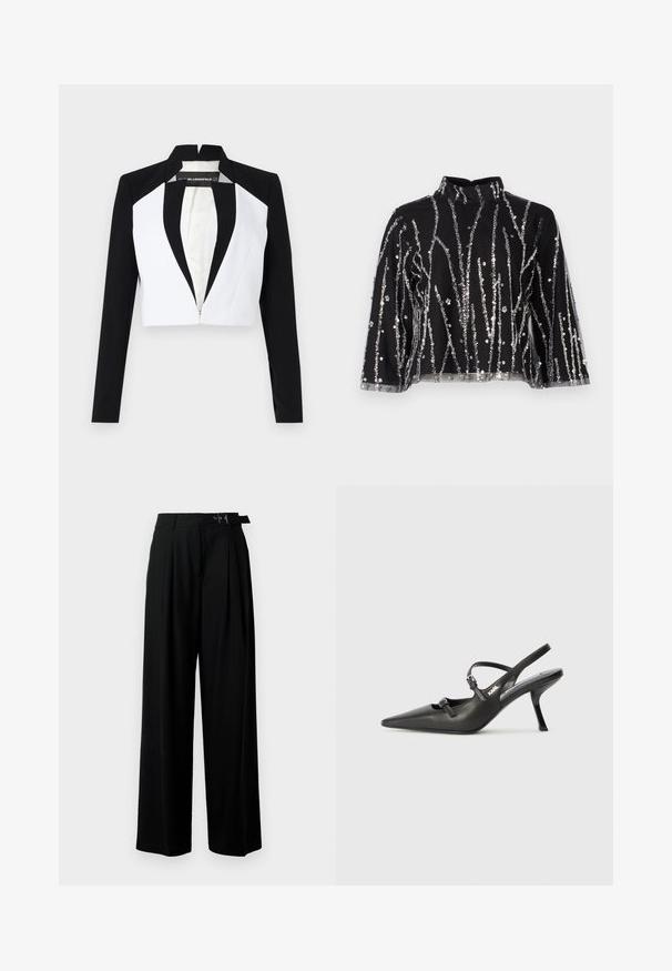 Apgriezts bleizeris ar melnbaltiem paneļiem, garām piedurknēm un rāvējslēdzēju priekšpusē. Iezīmēts ar atlocītām krauklēm un gludu auduma tekstūru.; Melna īsā topiņa ar augstu kaklu, kurai ir sudraba mirdzošas vertikālas svītras, caurspīdīgas piedurknes un teksturēta auduma.; Melni plaši bikses ar augsto jostasvītru, priekšā ar krokojiem un jostu ar sprādzi. Izgatavotas no gludas, vieglas auduma.; Melnas ādas slingback papēži ar norādītu purngalu, izsmalcinātu papēdi un dekoratīvu sprādzi uz priekšpuses. Gluda tekstūra un elegants dizains.