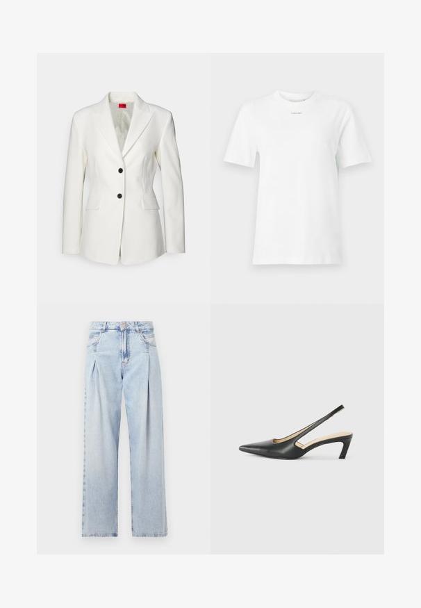 HUGO ASMALLA - Blazer - natural; Een witte katoenen t-shirt met een ronde hals, korte mouwen en een klein zwart "Calvin Klein" logo op de borst. Eenvoudig ontwerp, geen patronen.; Lichtblauwe denim jeans met een hoge taille, wijde pijpen, twee zijzakken en geplooid ontwerp. Zachte textuur met een vervaagd uiterlijk.; Zwarte puntige slingback schoen met een lage hak, gemaakt van soepel leer en voorzien van een uitsnede aan de zijkant voor ventilatie.