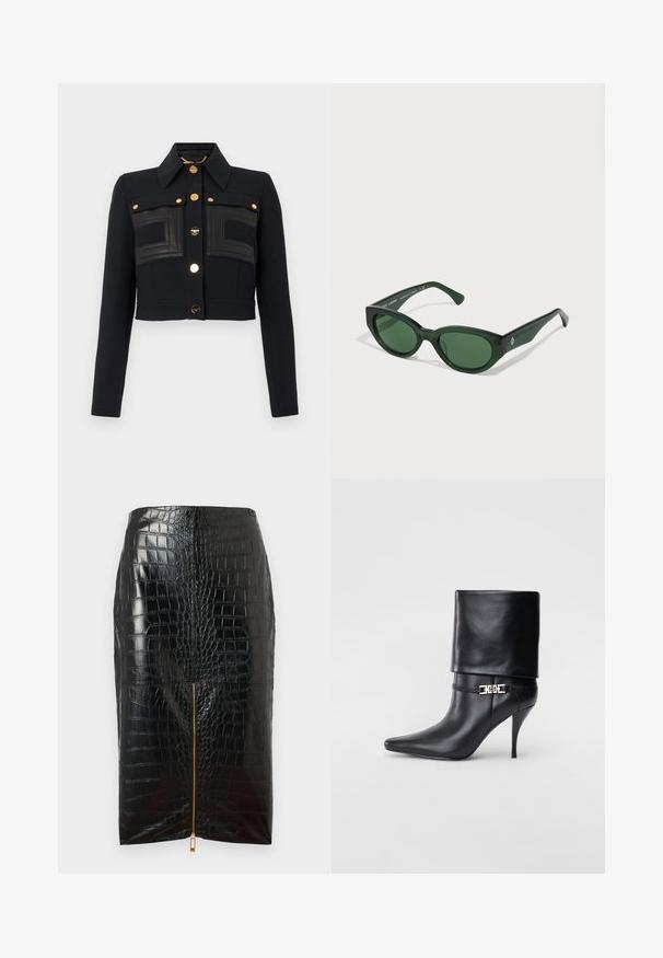 Giacca nera cropped con maniche lunghe, colletto strutturato, bottoni dorati sul davanti e dettagli in pelle rettangolare cuciti sul petto.; Camicia bianca a maniche lunghe con bottone in un morbido mix di cotone. Presenta un colletto classico, chiusura frontale con bottoni e polsini arrotondati.; Gonna a tubino in ecopelle nera con texture a coccodrillo, caratterizzata da una cerniera dorata centrale e una finitura liscia.; Stivale ankle in pelle nera con punta affusolata, alto tacco a stiletto, risvolto sulla caviglia e un elegante dettaglio in oro con fibbia decorativa.; Occhiali da sole verdi con finitura lucida, montatura rettangolare e lenti verde scuro. Presentano un logo sottile sul lato della tempia.; Borsa a tracolla in pelle nera con manico a forma di gatto dorato, dotata di pattina frontale, tracolla regolabile e dettaglio logo sulla parte anteriore inferiore.