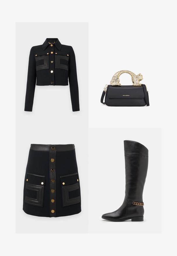 Giacca nera cropped con maniche lunghe, colletto strutturato, bottoni dorati sul davanti e dettagli in pelle rettangolare cuciti sul petto.; Camicetta nera in satin con scollatura profonda, spalline sottili e una superficie liscia e lucida. Design semplice e classico senza decorazioni.; Gonna nera a linea A con bottoni dorati frontali, vita in ecopelle e grandi tasche applicate con cuciture geometriche.; Alti stivali in pelle nera dal design elegante, punta affusolata e dettagli in catena dorata alla caviglia. Tacco a blocco basso. Texture liscia.; Borsa a tracolla in pelle nera con manico a forma di gatto dorato, dotata di pattina frontale, tracolla regolabile e dettaglio logo sulla parte anteriore inferiore.