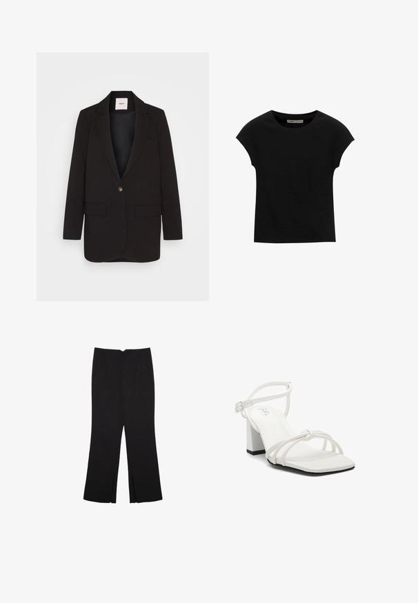 Mustapuku, jossa on yksi nappi, kaksi etutaskua, lovitetut läpät ja sileä pinta. Tunnus näkyvissä kauluksessa.; Mustat lyhythihaiset T-paidat, jotka on valmistettu pehmeästä kankaasta, pyöreä kaula-aukko ja rento istuvuus, sileä pinta eikä kuvioita.; Mustat housut suoralinjaisella leikkauksella, joissa on etutaskut ja sivurei'ät helman alla. Valmistettu pehmeästä ja sileästä kankaasta. Sopii eri tilaisuuksiin.; Valkoiset korkokengät, joissa on neliön muotoinen kärki, useita ohuita hihnoja, soljellinen nilkkahihna ja vahva lohkarekorko mustalla pohjalla.