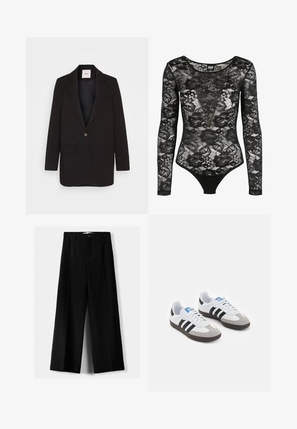 Black blazer with a single button closure, two front pockets, notched lapels, and a smooth texture. Label visible inside the collar.; Black lace bodysuit with long sleeves, floral patterns, and a scoop neckline; features a thong cut at the bottom for a fitted silhouette.; Black wide-leg trousers made of lightweight fabric, featuring a front button closure and flat front, with neatly stitched hems.; Sport shoes with a white leather upper, gray suede toe, and three black stripes. Features a blue logo on the tongue and a textured rubber sole.