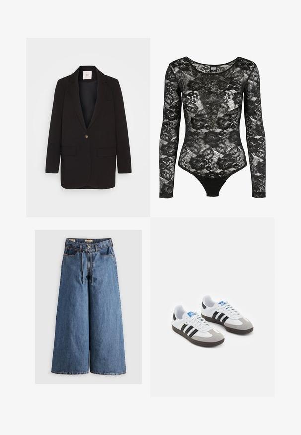 Crni sako s jednim dugmetom, dva prednja džepa, izrezanim reverom i glatkom teksturom. Oznaka vidljiva unutar ovratnika.; Crni čipkasti bodi s dugim rukavima, cvjetnim uzorcima i izrezom u obliku scoop; ima tanga rez na dnu za usku siluetu.; Traperice širokih nogavica u srednje plavoj boji s visokim strukom, koje imaju vezicu, pet džepova i kontrastne šavove.; Sportske cipele s gornjištem od bijele kože, sivi suedinasti nos i tri crne pruge. Imaju plavi logo na jeziku i teksturiranu gumenu podlogu.