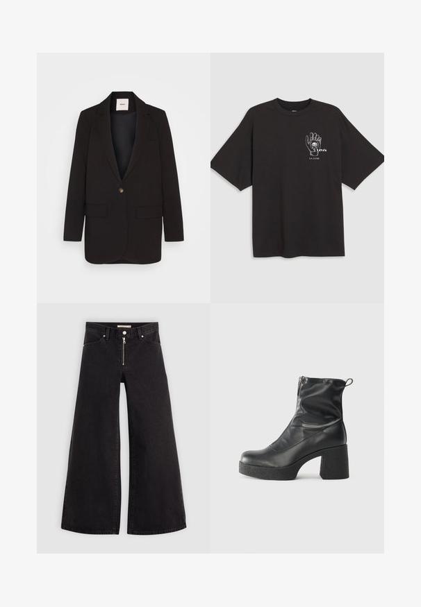 Black blazer with a single button closure, two front pockets, notched lapels, and a smooth texture. Label visible inside the collar.; Black cotton t-shirt with short sleeves, featuring a hand graphic and text "Levi's LA LUNE" in white on the left chest area.; Wide-leg jeans in black denim with a zippered front, five-pocket design, and subtle stitching details. Smooth texture and casual style.; Black ankle boots made of smooth leather, featuring a side zipper, chunky textured heel, and rounded toe design.
