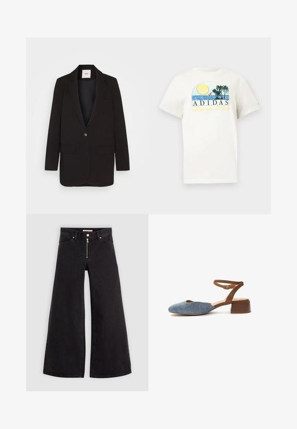 Zwarte blazer met een enkel knoopsluiting, twee voorkezen, notch revers en een gladde textuur. Label zichtbaar binnenin de kraag.; Witte katoenen t-shirt met een grafisch ontwerp van een zon, palmbomen en water. "ADIDAS Sports Club" gedrukt in groen en geel.; Wijdvallende jeans van zwarte denim met een ritssluiting aan de voorkant, vijf zakken en subtiele stikdetails. Soepele textuur en casual stijl.; Denim slingback schoen met een ronde neus, een bruine enkelband en een lage blokhak, met een gestructureerd oppervlak in lichtblauw.
