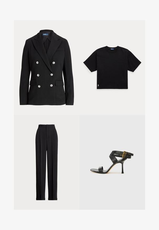 Blazer preto duplo com tecido liso, apresentando botões prateados, lapela com entalhe, dois bolsos frontais e design de corte justo.; Camiseta preta de algodão com mangas curtas, decote redondo e um pequeno logótipo branco na parte inferior esquerda. Ajuste clássico e descontraído, com detalhes mínimos.; Calças pretas ajustadas com uma cintura alta, apresentando pregas na frente, um design de perna reta e bainha com punho. Feitas de tecido suave.; Sandal preto de salto alto com tiras cruzadas e fivela ajustável. Apresenta uma textura suave e um salto agulha afilado.