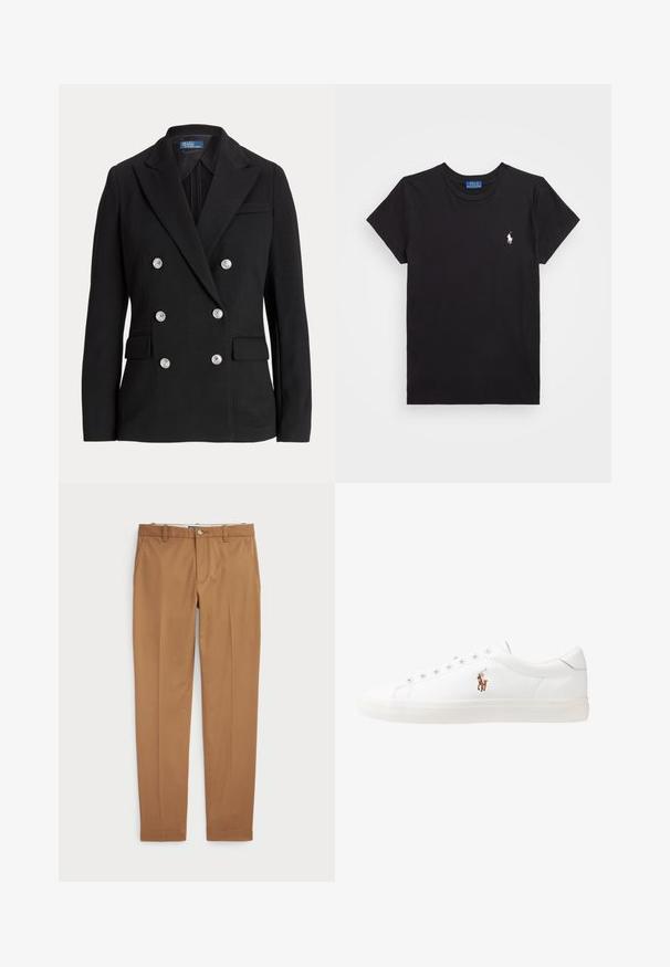 Melns dubultrindas bleizeris no gludas auduma, ar sudraba pogām, izgriezuma atloku, divām priekšējām kabatām un šauru piegriezumu.; Melnā kokvilnas t-krekls ar apaļu kakla izgriezumu, īsām piedurknēm un balto izšūto logotipu kreisajā krūtī. Gluda tekstūra, ikdienišķs dizains.; Brūni kokvilnas bikses ar šauru piegriezumu, plakanu priekšpusi un standarta kabatām; gluda tekstūra un apšūti manšetes.; Baltas ādas sporta apavi, zema dizaina, ar gludu tekstūru, noapaļotu purngalu, ar auklēm priekšpusē un nelielu izšūtu logotipu sānos.