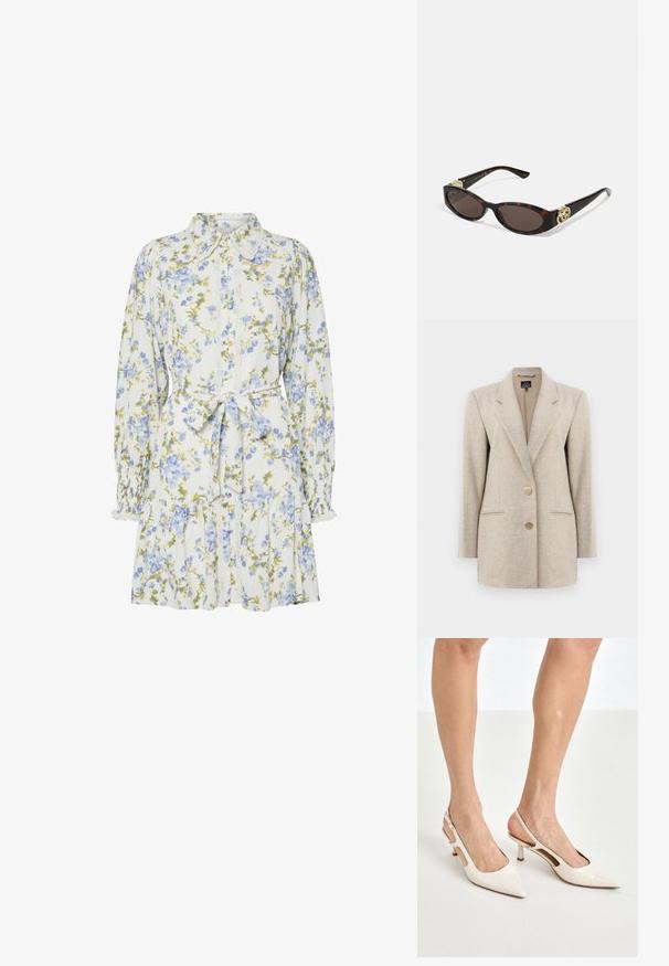 Bež hargneeritud bleiser, millel on notsiga krae, kaks esikotid ja kuldse tooni nööbid. Valmistatud tekstureeritud kangast, millel on liigendatud lõige.; Valge lilleline kleit siniste ja roheliste lilledega, millel on krae, nööbiga esitasku, pikad varrukad elastsete mansettide ja talje seotud lipsuga.; Beesek patentnaha slingback kontsad 5 cm kontsaga, millel on terav nina ja lõigatud külgedega ning õhuke pahkluu rihm.; Kilpkonnakilbi stiilis prillid piklik-ovaalsete läätsede, pruunika tooniga, kuldsete logo aktsentidega templitel ja elegantsed mustad varred.