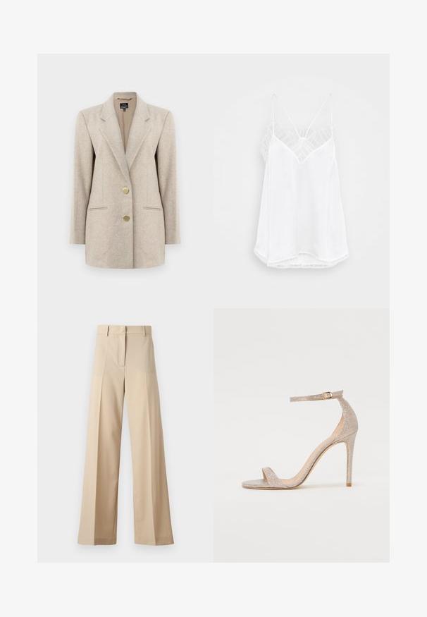 Sacou bej în nuanță herringbone cu rever clasic, două buzunare frontale și nasturi de culoare aurie. Confectionat dintr-un material texturat, cu un croi tailat.; Camisola albă cu un decolteu în formă de V, bretele subțiri, accente de dantelă texturată la umeri și o margine curbată. Textură a stofei netedă.; Pantaloni bej cu picioare largi, confecționați dintr-un material neted, cu un front plat și plisse, fermoar la șold și curea. Croi adaptat pe tot corpul.; Sandale cu toc înalt, cu curelușe, de culoare aurie metalizată, având un toc texturat, vârful deschis și curea pe gleznă cu detalii din aur.