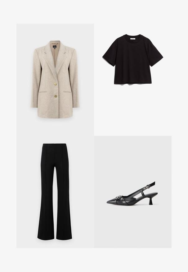 Bež hargneeritud bleiser, millel on notsiga krae, kaks esikotid ja kuldse tooni nööbid. Valmistatud tekstureeritud kangast, millel on liigendatud lõige.; Must musta lühikese varrukaga t-särk ümmarguse kaeluse ja lõdva istuvusega. Omab lihtsat, kaunistamata disaini.; Mustad põlvpüksid kõrge vöökohaga, valmistatud venivast kangast. Esiküljel on vertikaalsed õmblusdetailid ja sile tekstuur.; Must must have must toote tõmblukuga, dekoratiivsed rihmad metallist silmadega ja madal blokk-kand. Tekstureeritud pind.