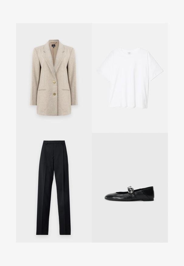 Blazer beige a spina di pesce con rever a punta, due tasche frontali e bottoni dorati. Realizzato in tessuto testurizzato con vestibilità su misura.; T-shirt bianco in cotone con maniche corte, scollo rotondo, vestibilità comoda e orlo cucito. Etichetta visibile all'interno del colletto.; Pantaloni neri realizzati in tessuto morbido, caratterizzati da vita alta, gambe larghe, pince frontali e classiche passanti per cintura. Non ci sono tasche laterali visibili.; Ballerine in pelle nera con punta appuntita, dotate di una fascia con una fibbia metallica circolare e suola piatta.