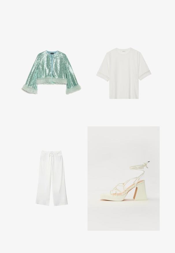 Krátka, orezaná bunda v mäte zelenej farbe pokrytá flitrami, s viazaním na zaväzovanie a nadýchanými, textúrovanými kožušinovými detailmi na rukávoch.; Biele tričko s krátkym rukávom vyrobené z bavlny, s dekoratívnym čipkovým lemovaním pozdĺž rukávov a okrúhlym výstrihom.; Biele široké nohavice vyrobené z mäkkej látky, s pásekom na sťahovanie a dvoma prednými vreckami. Hladká textúra a bez viditeľných vzorov.; Biele sandále na vysokom opätku s hrubým podpätkom, s pruhovaným dizajnom a viazaním na členku. Hladký povrch s platformou vpredu pre zvýšenú výšku.