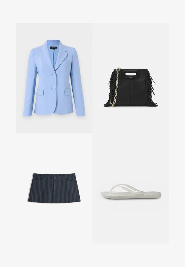 WEEKEND MaxMara UVA - Blazer - light blue; Top bianco lavorato a maglia con scollatura a barchetta e maniche corte. Presenta dettagli con lacci blu scuro in vita e linee decorative orizzontali.; Mini gonna blu navy a righe con tasche frontali e una chiusura con un singolo bottone in vita.; Infradito bianchi con suola testurizzata, caratterizzate da cinghie sottili e design piatto. Realizzate in gomma con un logo sottile sulla soletta.; Borsa a tracolla in pelle nera con dettagli a frangia, catena dorata e manico ritagliato. Presenta il logo sulla parte anteriore.