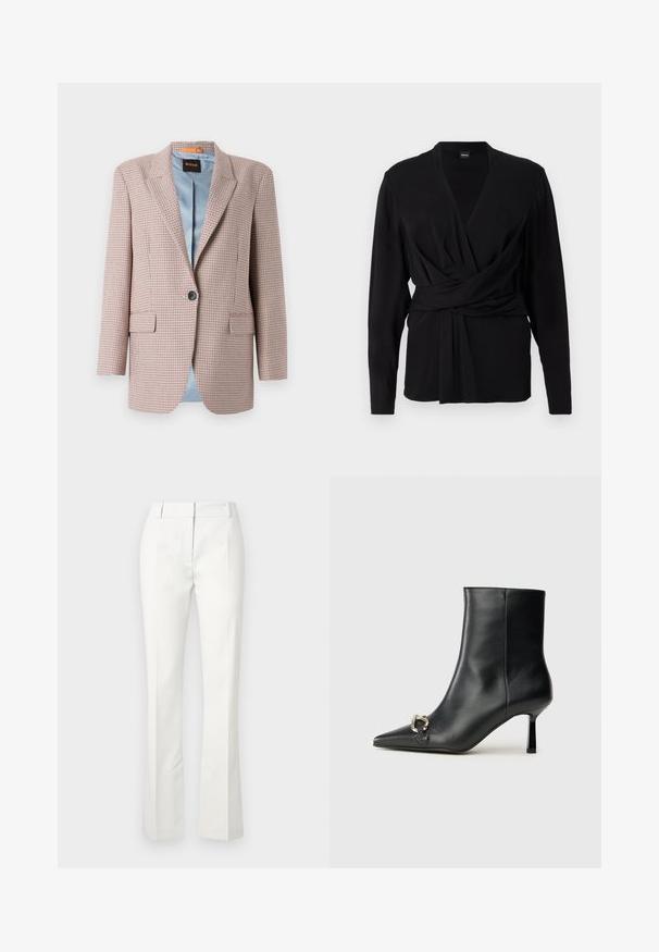 Marynarka w kratę w odcieniach różu i beżu. Posiada klapy, zapięcie na guziki z przodu oraz dwie boczne kieszenie. Widoczna niebieska podszewka.; Czarna bluzka kopertowa z miękkiego materiału, z długimi rękawami, dekoltem w serek i wiązanym paskiem podkreślającym talię. Gładka tekstura.; Białe dopasowane spodnie z rozszerzanym dołem, z plisami z przodu i gładką fakturą, wykonane z lekkiego materiału.; Czarny skórzany botek za kostkę z szpiczastym noskiem, smukłym średnim obcasem i srebrnym zapięciem po boku na jednolitym tle.
