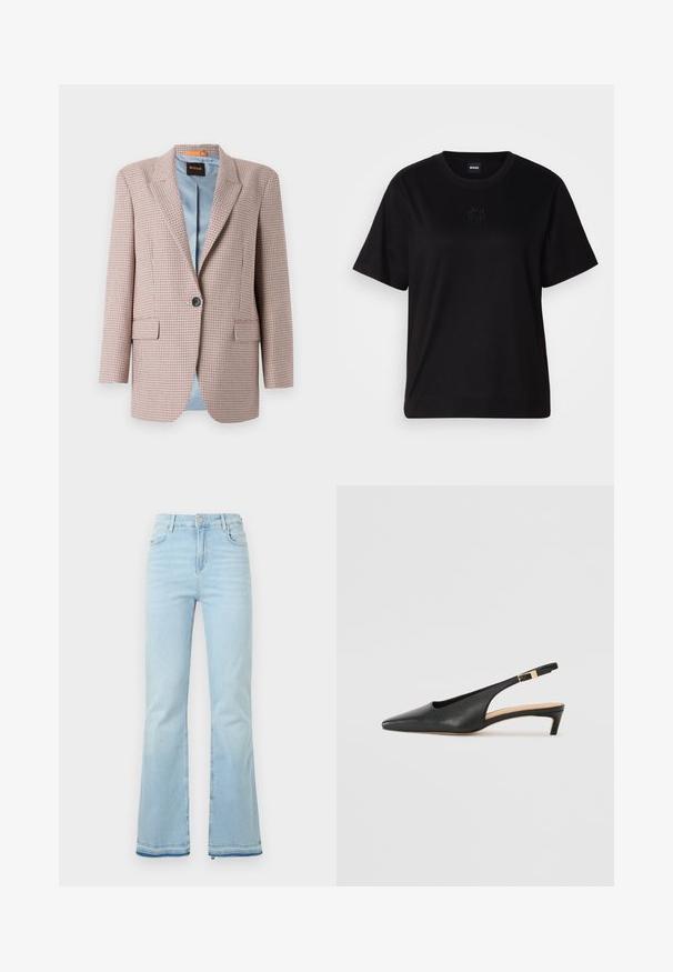 Teksasriiet, millel on ruuduline muster roosa ja beeži tooni. Omab viltuslõikega kaelust, esist suletavat nööpi ja kahte küljetaskut. Näha on sinine vooder.; Mustmust särk, millel on ümar kaelus, lühikesed varrukad ja tindiga tikitud logo rinnal. Lihtne, mugav lõige ilma mustriteta.; Heledad helesinised teksad, mis on valmistatud denimist, kõrge vöökohaga, esikottidega ning toore äärtega sääreosas, et luua lõdvestunud välimus.; Musta nahast slingback-kontsaga saabas, millel on terav nina, madal konts ja reguleeritav pahkluu rihm, millel on kullatooniline pandla. Sile tekstuur.