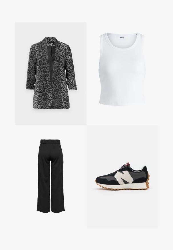 Sako s leopardím vzorem v černé a šedé barvě, dlouhými rukávy, otevřeným předním dílem a hladkým materiálem. Má šálový límec a volný střih.; Bílý žebrovaný top na ramínka se kulatým výstřihem, bez rukávů a zkrácenou délkou. Název značky je "JJXX." Hladká struktura látky.; Černé široké kalhoty s elastickým pasem, vyrobené z hladkého materiálu. Disponují čistým designem bez kapes nebo viditelných švů.; Černé a šedé semišové tenisky s velkým krémovým logem "N", fialovými tkaničkami a strukturovanou gumovou podrážkou.