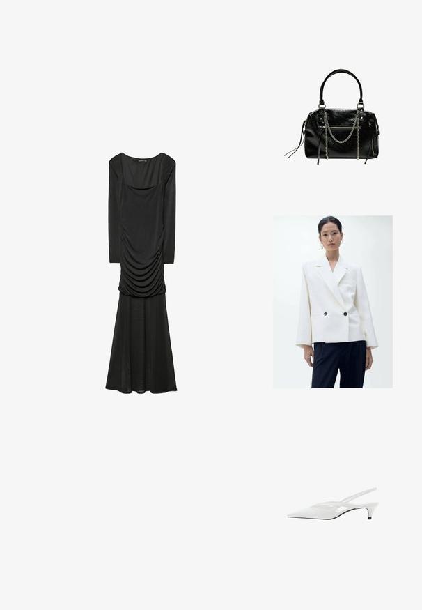 Biele dvojradové sako s klopami, dvoma čiernymi gombíkmi a dlhými rukávmi, skombinované s tmavými nohavicami. Hladká textúra látky.; Čierne šaty s dlhým rukávom, okrúhlym výstrihom a nariaseným telom. Ľahká sukňa s jemnou textúrou, so širokým lemom.; Biele slingback podpätky s špicatou špičkou, s hladkým zvrškom, jemnými výrezmi a nízkym blokovým podpätkom. Čierna podrážka zvýrazňuje dizajn.; Bershka WITH CHAIN - Kabelka - black