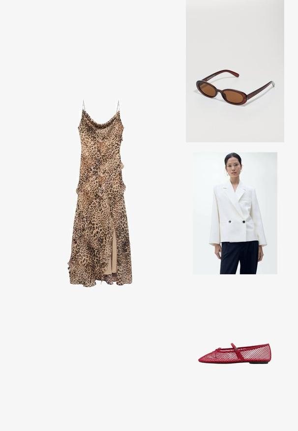 Doppelreihiger weißer Blazer mit Reverskragen, zwei schwarzen Knöpfen und langen Ärmeln, kombiniert mit dunklen Hosen. Glatte Gewebeoberfläche.; Leopardenmuster-Kleid mit drapiertem Design, mit Rüschen entlang der Ränder und einem hoch geschnittenen Schlitz. Hergestellt aus leichtem Stoff mit Spaghettiträgern.; Rote Netz-Ballerinas mit spitzem Zehenbereich, ausgestattet mit einem dünnen Riemen und Schnallen-Detail. Das Obermaterial hat ein offenes Wabenmuster.; Runde, braun getönte Sonnenbrillen mit einem glänzenden burgunderfarbenen Rahmen. Schlanke Bügel mit dezentem Branding. Flaches Linsendesign.