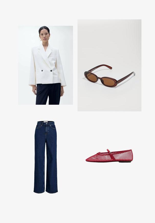 Sacou alb cu două rânduri de nasturi, cu revere tăiate, două nasturi negri și mâneci lungi, asortat cu pantaloni închisi. Textură de material neted.; Top roșu dintr-un material moale, cu guler înalt, două buzunare frontale, o curea și un design lejer.; Jeans din denim de culoare albastră închisă, cu talie înaltă, picioare largi, sistem de închidere cu un buton în față și design cu cinci buzunare.; Balerini roșii din plasă cu vârful ascuțit, prezentând o curea subțire și un detaliu cu cataramă. Partea superioară are un model deschis, în formă de fagure.; Ochelari de soare rotunzi, cu nuanțe de brown și cu un cadru lucios de burgund. Brațe subțiri cu detalii subtile de branding. Design cu lentile plate.