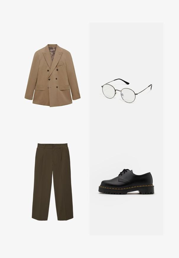 Dvojradový béžový blazer vyrobený z textúrovaného materiálu, s dvoma prednými vreckami, klopovými límčekmi a hnedými gombíkmi. Ľahký dizajn.; Béžový rebrovaný pletený sveter s okrúhlym výstrihom, dlhými rukávmi a rovnom spodným okrajom. Mäkká textúra a neutrálny odtieň vhodný na vrstvenie.; Hnedé, voľné nohavice vyrobené z mäkkej tkaniny s plochým predným dielom, bočnými vreckami a gombíkovým zapínaním v páse. Jednoduchý dizajn bez vzorov.; Čierna kožená šnurovacia topánka s okrúhlou špičkou, štruktúrovanou gumovou podrážkou a žltým prešitím okolo základne. Plný dizajn a hladký povrch.; Okrúhle kovové okuliare s tenkými čiernymi rámami, priehľadnými sklami a plastovými koncovkami na ramienkach. Minimalistický dizajn s jemnými detailmi na hardvéri.