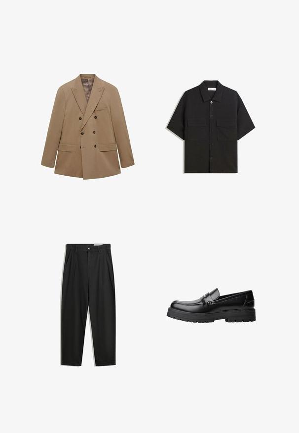 Dvojradový béžový blazer vyrobený z textúrovaného materiálu, s dvoma prednými vreckami, klopovými límčekmi a hnedými gombíkmi. Ľahký dizajn.; Čierna polokošeľa s krátkym rukávom vyrobená z látky s hladkou textúrou, má dve predné vrecká, klasický golier a zapínanie na gombíky.; Čierne bavlnené nohavice s voľným strihom, s klasickým pásom, prednými záhybmi a bočnými vreckami. Hladká textúra bez vzorov.; Čierne kožené mokasíny s masívnou podrážkou a dekoratívnym pásom cez hornú časť, zobrazené z ľavého bočného profilu na bielom pozadí.