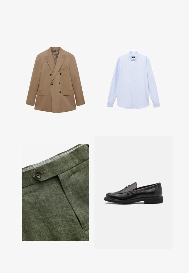 Krásný béžový dvouvrstvý blazer vyrobený z texturované tkaniny, s dvěma předními kapsami, klopovými límci a hnědými knoflíky. Lehká konstrukce.; Světle modrá košile s dlouhým rukávem a klasickým límcem, rovný lem a jemná textura. Má centrální uzávěr na knoflíky.; Olivově zelené lněné kalhoty s předním záhybem, vybavené zapínáním na knoflík a kontrastní kostkovanou podšívkou v pase.; Černé syntetické mokasíny s výrazně prošívanou špicí, měkkou stélkou a plochou gumovou podrážkou; elegantní design s minimálním zdobením.