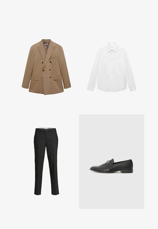 Krásný béžový dvouvrstvý blazer vyrobený z texturované tkaniny, s dvěma předními kapsami, klopovými límci a hnědými knoflíky. Lehká konstrukce.; Mango ANTARES - Košile - white; Černé kalhoty, s přiléhavým střihem, hladká tkanina, střední pas, přední zapínání na knoflík, šikmé kapsy a záhyby podél nohavic.; Černé kožené mokasíny s hladkým povrchem, s prošívaným designem a dekoračním kovovým řetízkem přes nárt. Plochý podpatek.