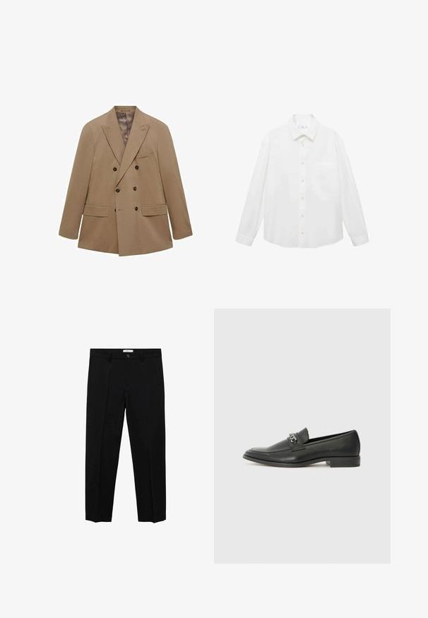 Double-breasted beige blazer made of textured fabric, featuring two front pockets, notched lapels, and brown buttons. Lightweight design.; Mango ANTARES - Shirt - white; Black tailored trousers with a straight cut, featuring a single button closure, belt loops, and front pleats. Made from a smooth fabric.; Black leather loafer with a smooth finish, featuring a stitched design and a decorative metal chain accent across the vamp. Flat heel.